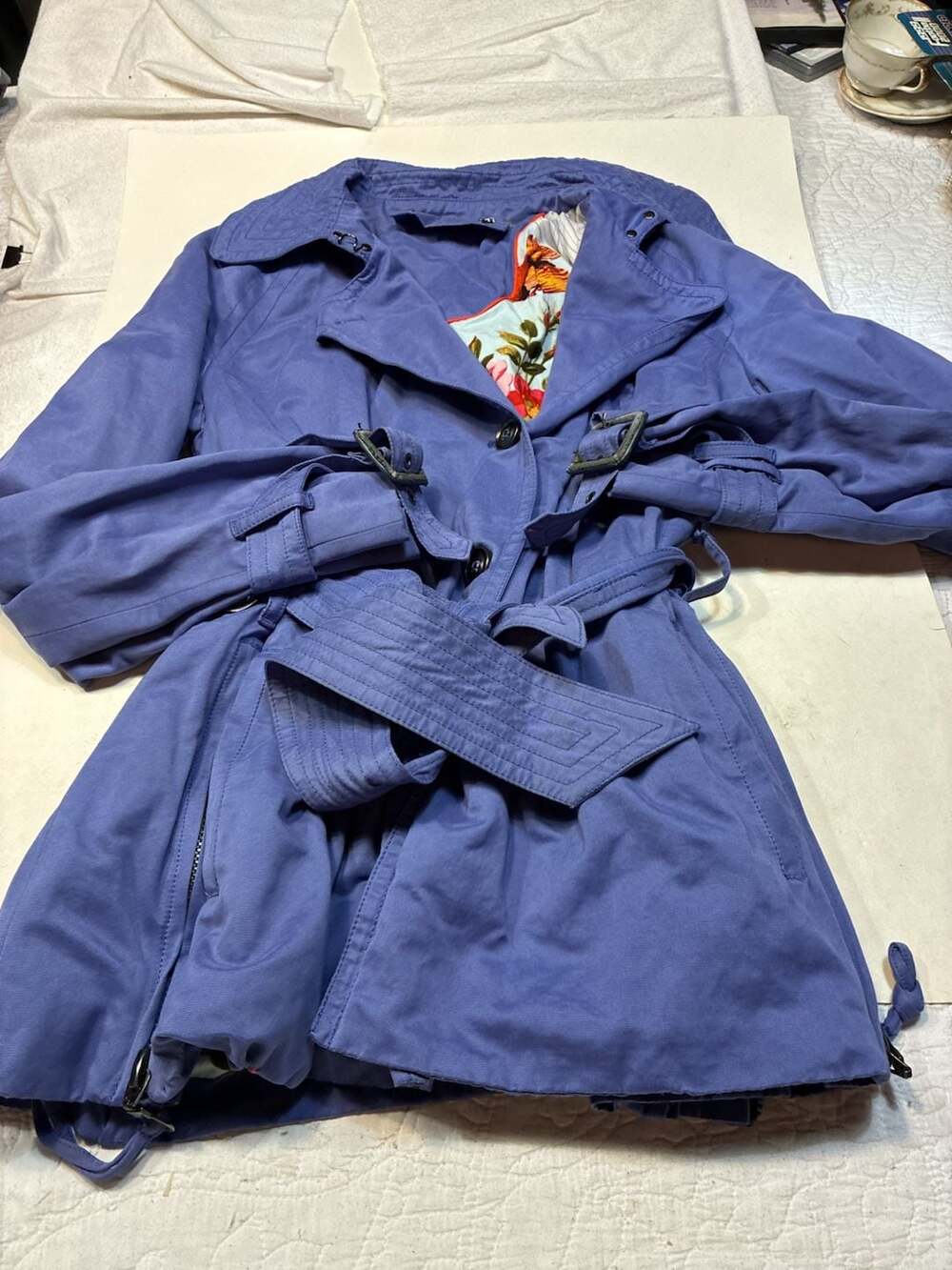 Marc New York Purple Trench Coat Jacket Floral Lining